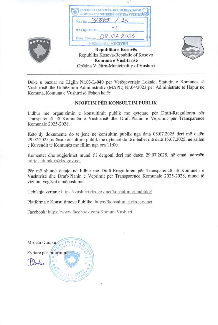 NJOFTIM PËR KONSULTIM PUBLIK